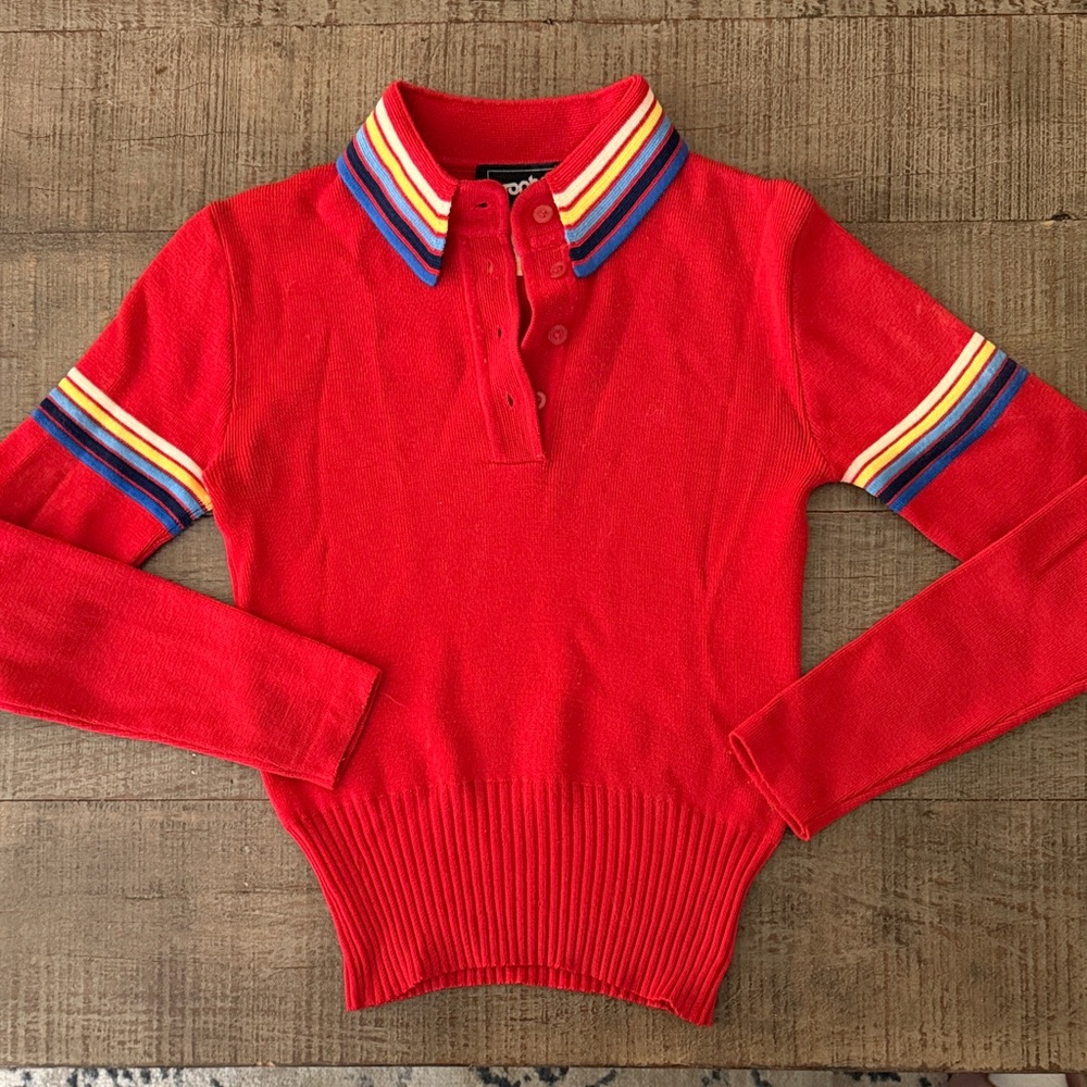Topher Red Long Sleeve Polo Sweater with Multi-Color Stripe Collar